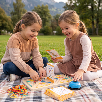 Montessori Holz-Geometrie-Duellspiel mit bunten Gummibändern