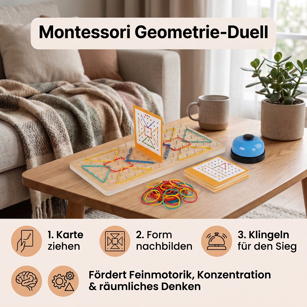 Montessori Holz-Geometrie-Duellspiel mit bunten Gummibändern