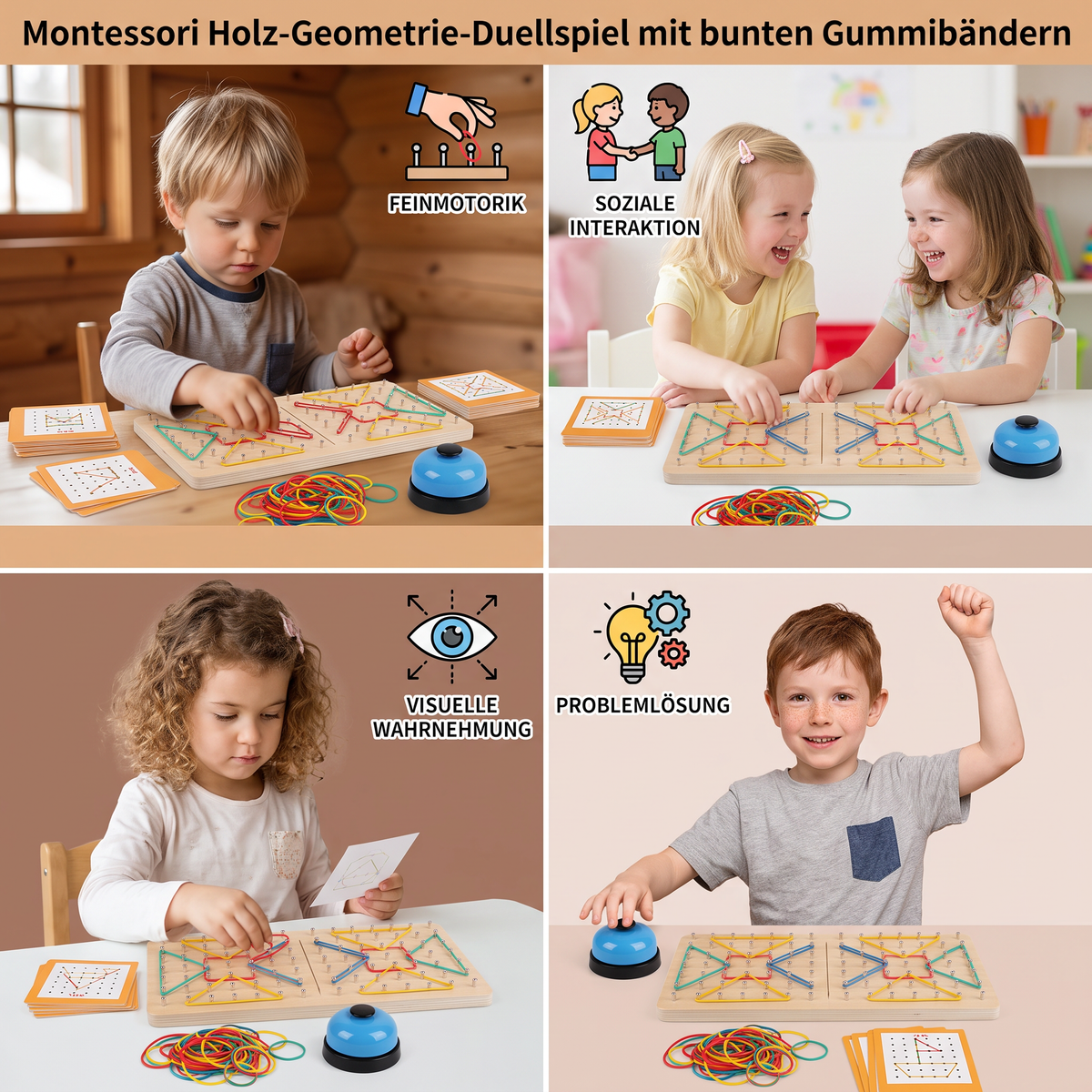 Montessori Holz-Geometrie-Duellspiel mit bunten Gummibändern