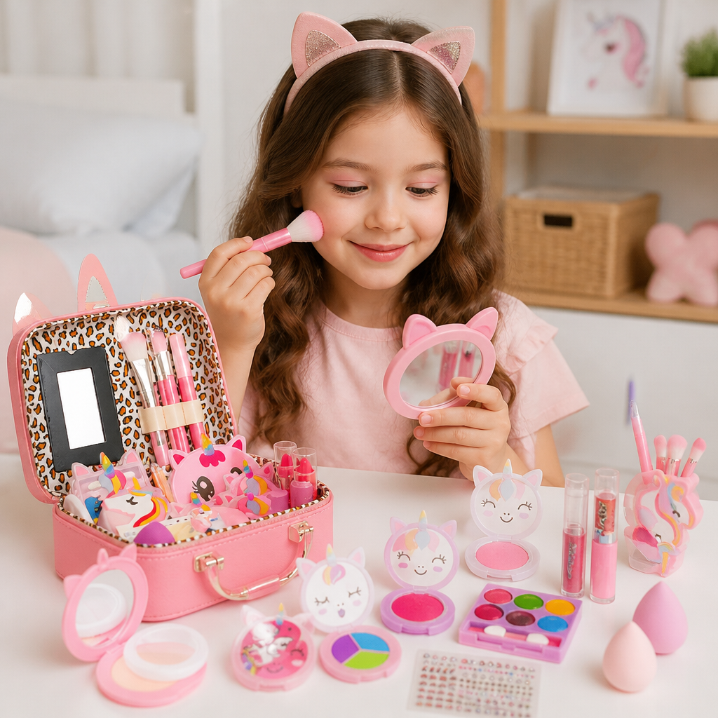 Umweltfreundliches & leicht abwaschbares Prinzessinnen-Make-up-Set für Kinder mit Kosmetiktasche