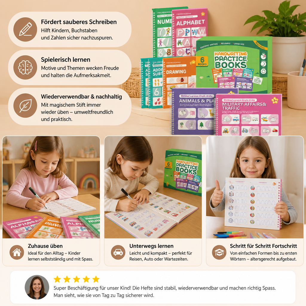 Wiederverwendbare Schreibübungsbücher mit Rillen für Kinder – 6-teiliges Nachspur- & Schreibset