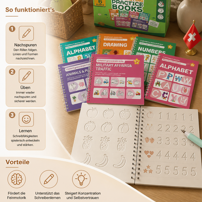 Wiederverwendbare Schreibübungsbücher mit Rillen für Kinder – 6-teiliges Nachspur- & Schreibset