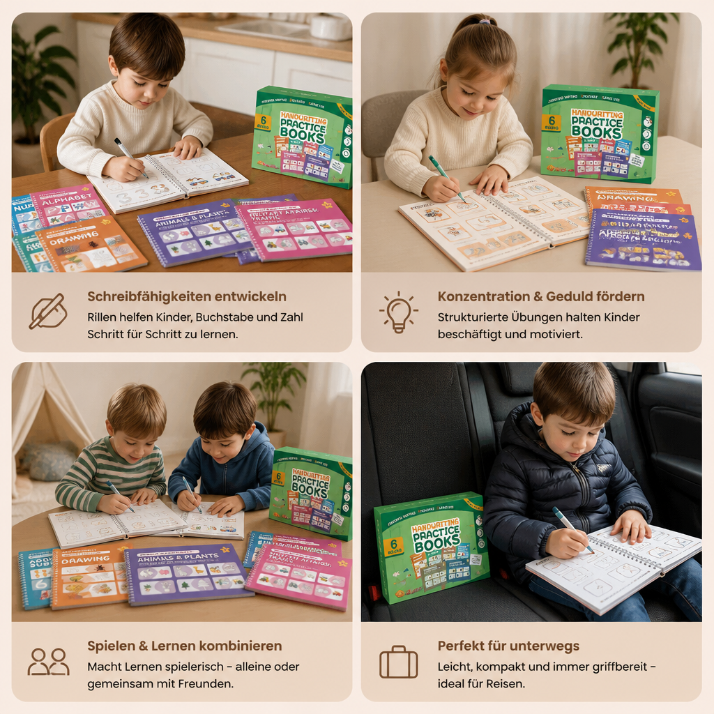 Wiederverwendbare Schreibübungsbücher mit Rillen für Kinder – 6-teiliges Nachspur- & Schreibset