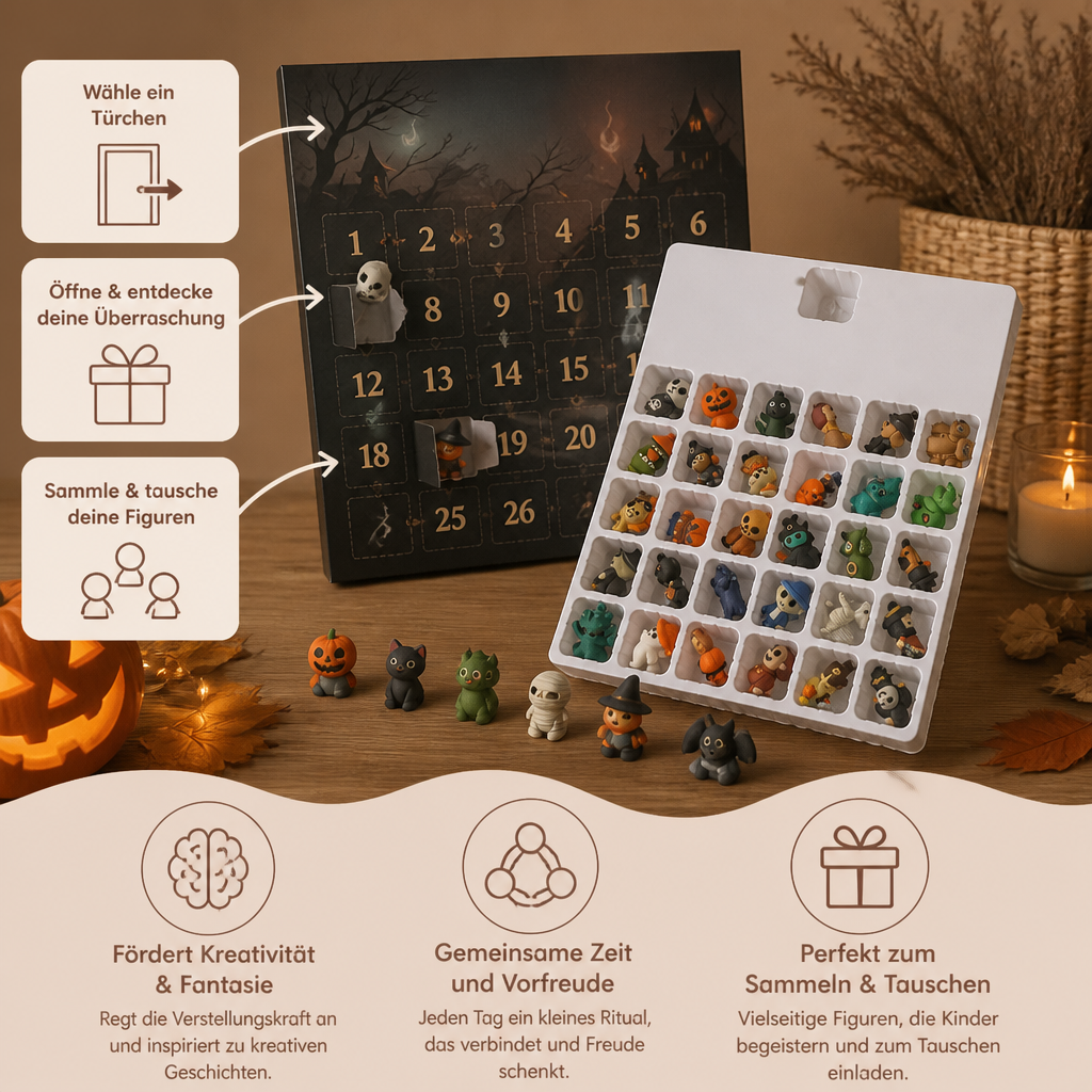 Halloween-Countdown-Kalender mit gruseligen Überraschungs-Mini-Figuren & Anhängern