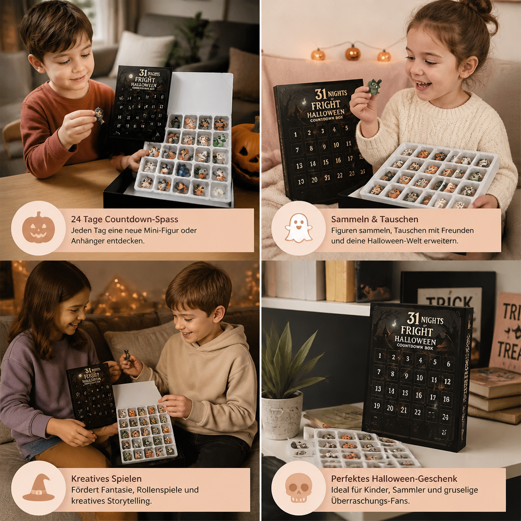 Halloween-Countdown-Kalender mit gruseligen Überraschungs-Mini-Figuren & Anhängern