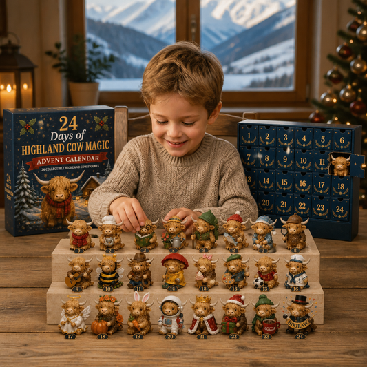 24-Tage-Adventskalender mit Highland-Rindern als sammelbare Mini-Figuren