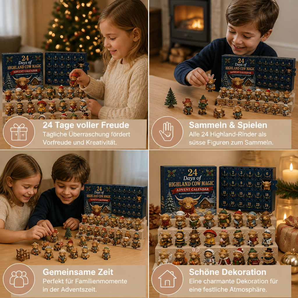 24-Tage-Adventskalender mit Highland-Rindern als sammelbare Mini-Figuren