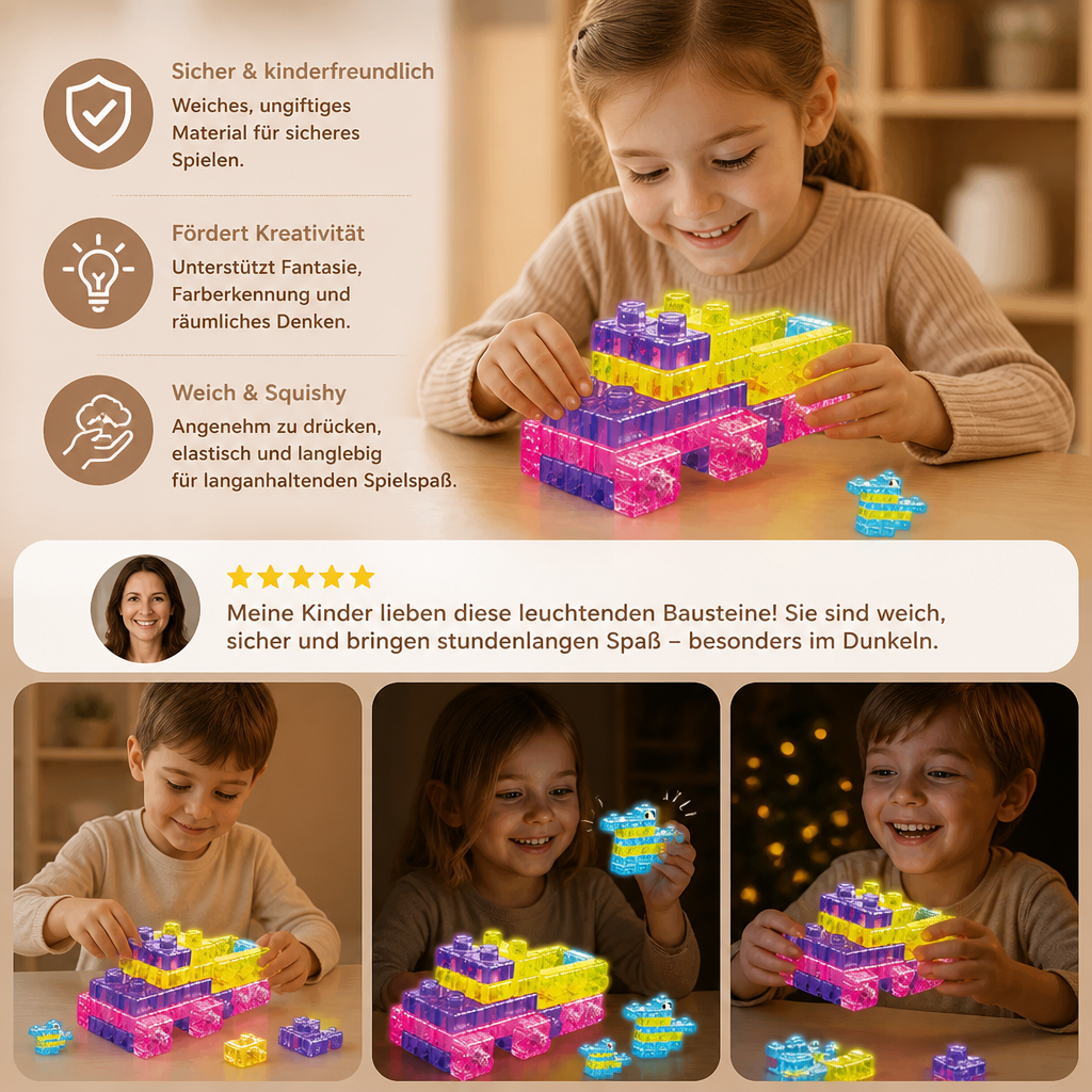 Im Dunkeln leuchtende Squishy-Gelee-Bausteine für Kinder – Sicher & weich