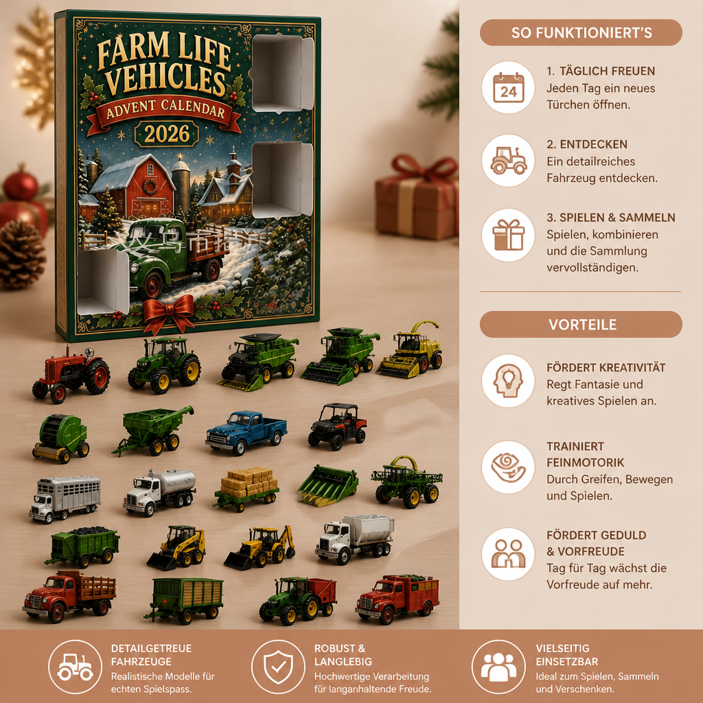 24-Tage-Weihnachts-Adventskalender mit Bauernhoffahrzeugen