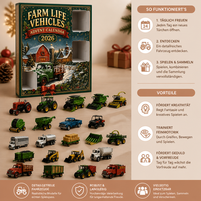 24-Tage-Weihnachts-Adventskalender mit Bauernhoffahrzeugen