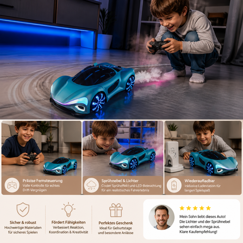 Leuchtendes RC-Driftauto mit Sprüheffekt & Ladestation