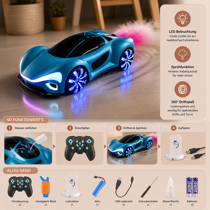 Leuchtendes RC-Driftauto mit Sprüheffekt & Ladestation