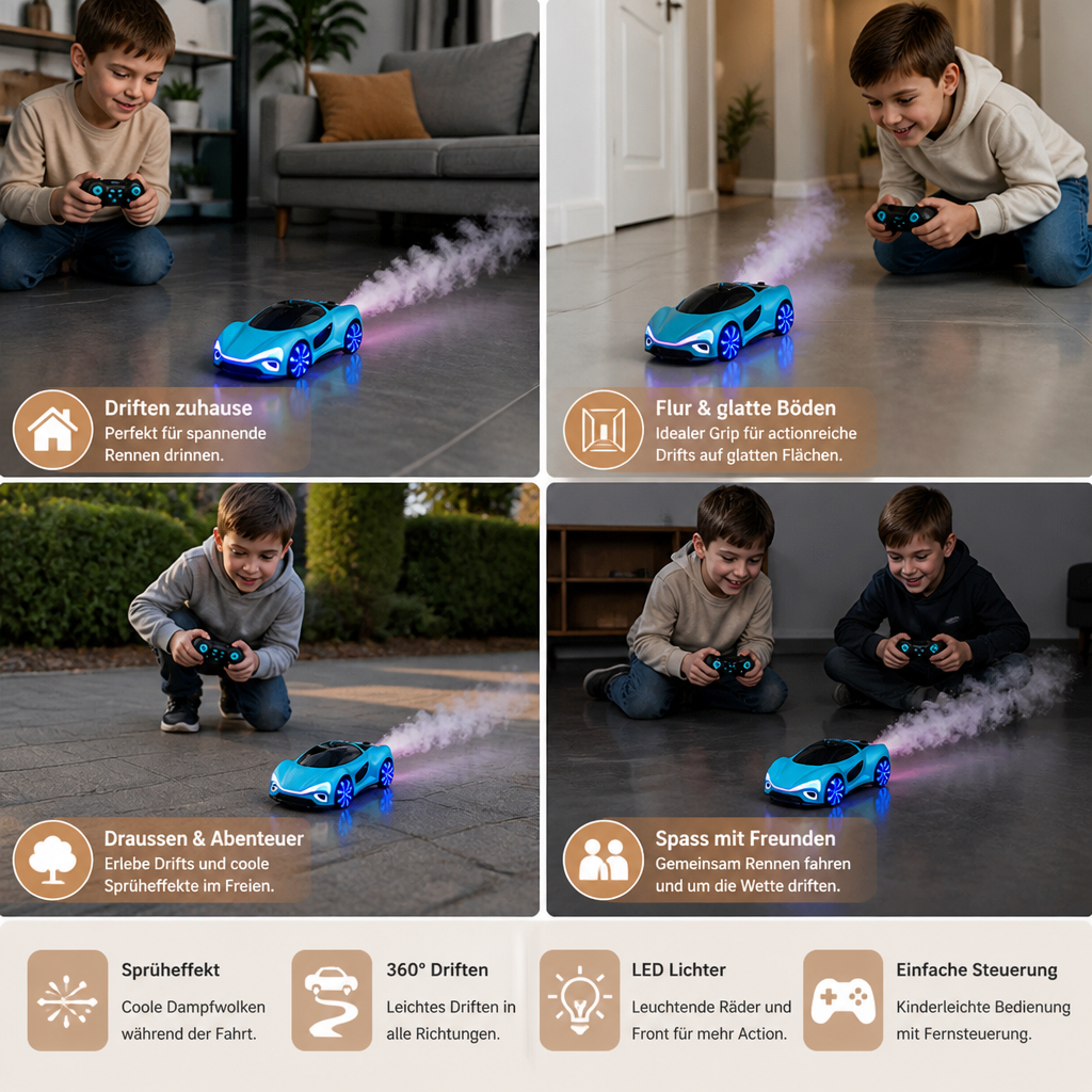 Leuchtendes RC-Driftauto mit Sprüheffekt & Ladestation