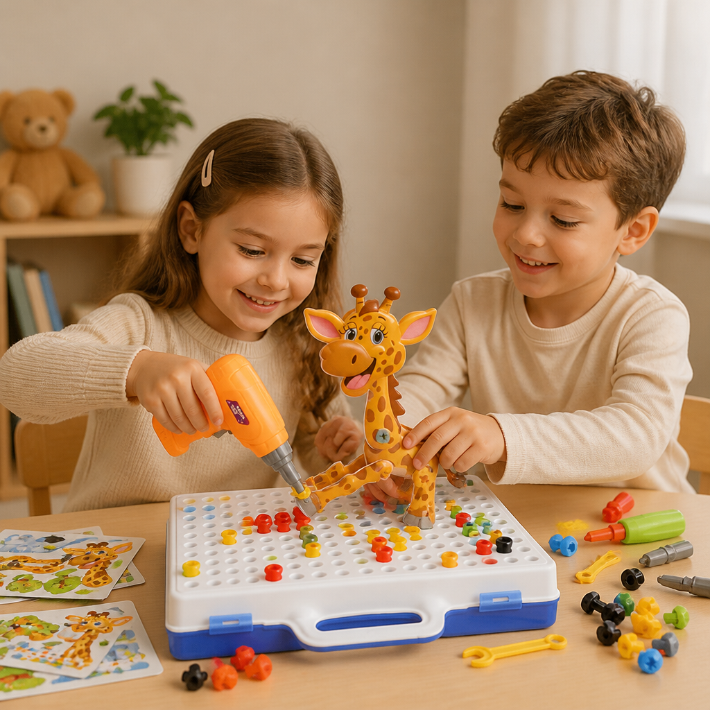 Safari-Tier-Bausteinset mit elektrischem Spielzeugbohrer für Kinder