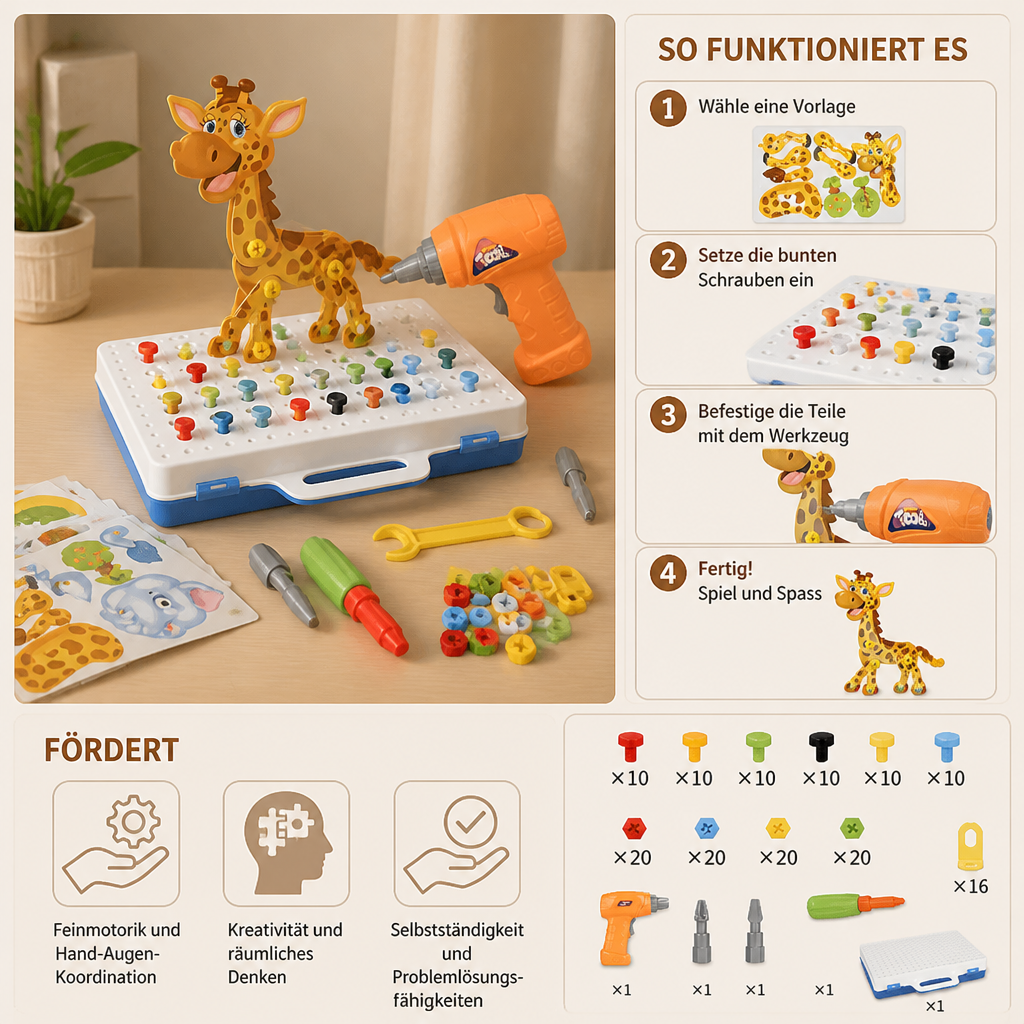 Safari-Tier-Bausteinset mit elektrischem Spielzeugbohrer für Kinder
