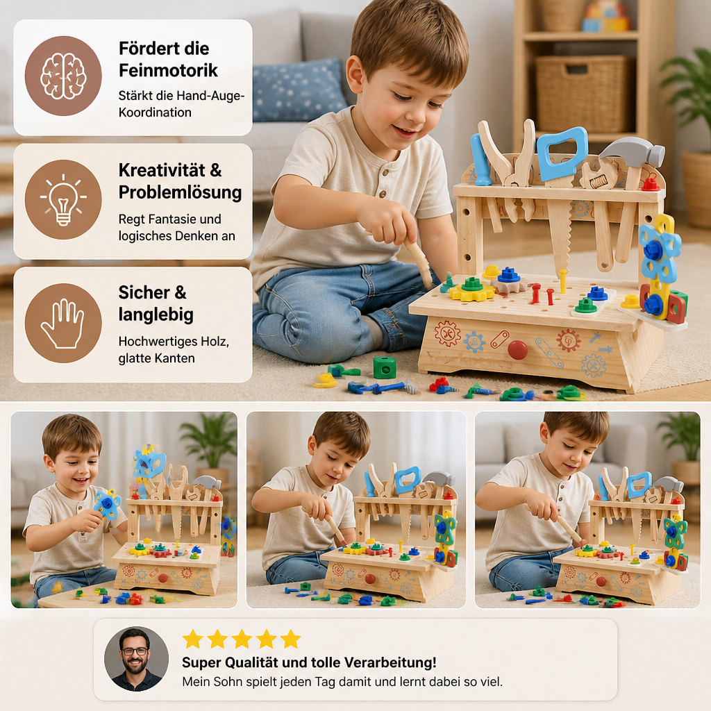 Kinder-Werkbank & Werkzeugset aus Holz – DIY-Bauspielzeug zur Förderung der Feinmotorik