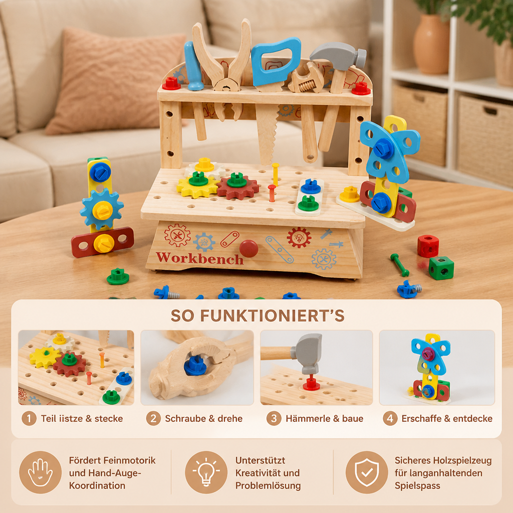 Kinder-Werkbank & Werkzeugset aus Holz – DIY-Bauspielzeug zur Förderung der Feinmotorik