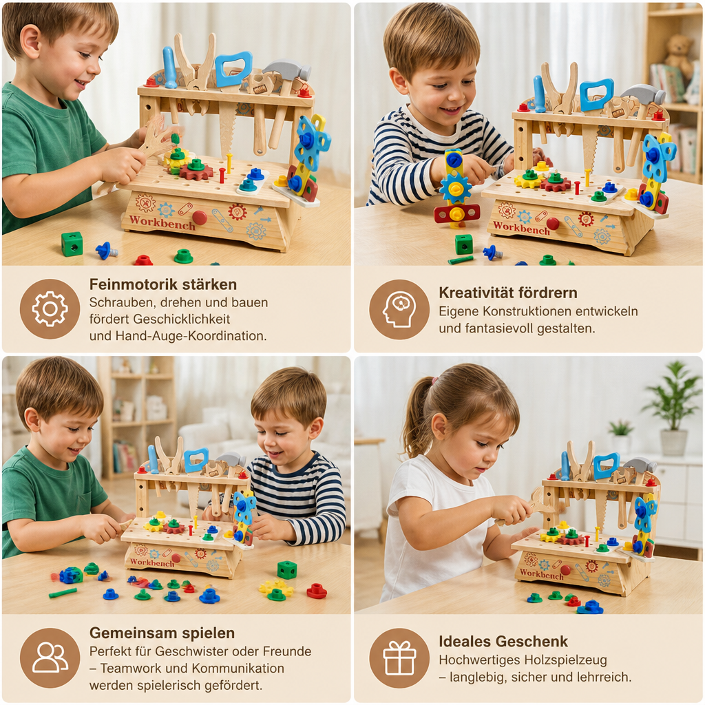 Kinder-Werkbank & Werkzeugset aus Holz – DIY-Bauspielzeug zur Förderung der Feinmotorik