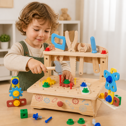 Kinder-Werkbank & Werkzeugset aus Holz – DIY-Bauspielzeug zur Förderung der Feinmotorik
