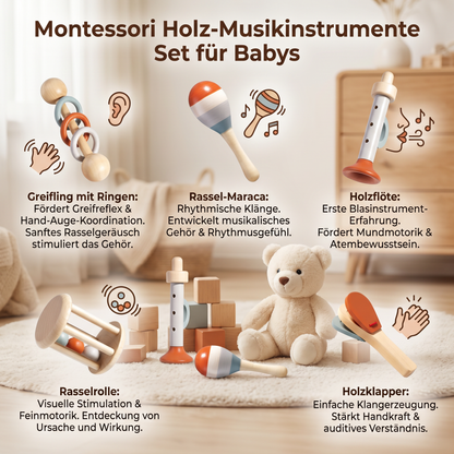 Montessori Holz-Musikinstrumente Set für Babys – 5-teiliges Sensorik & Rasselspielzeug