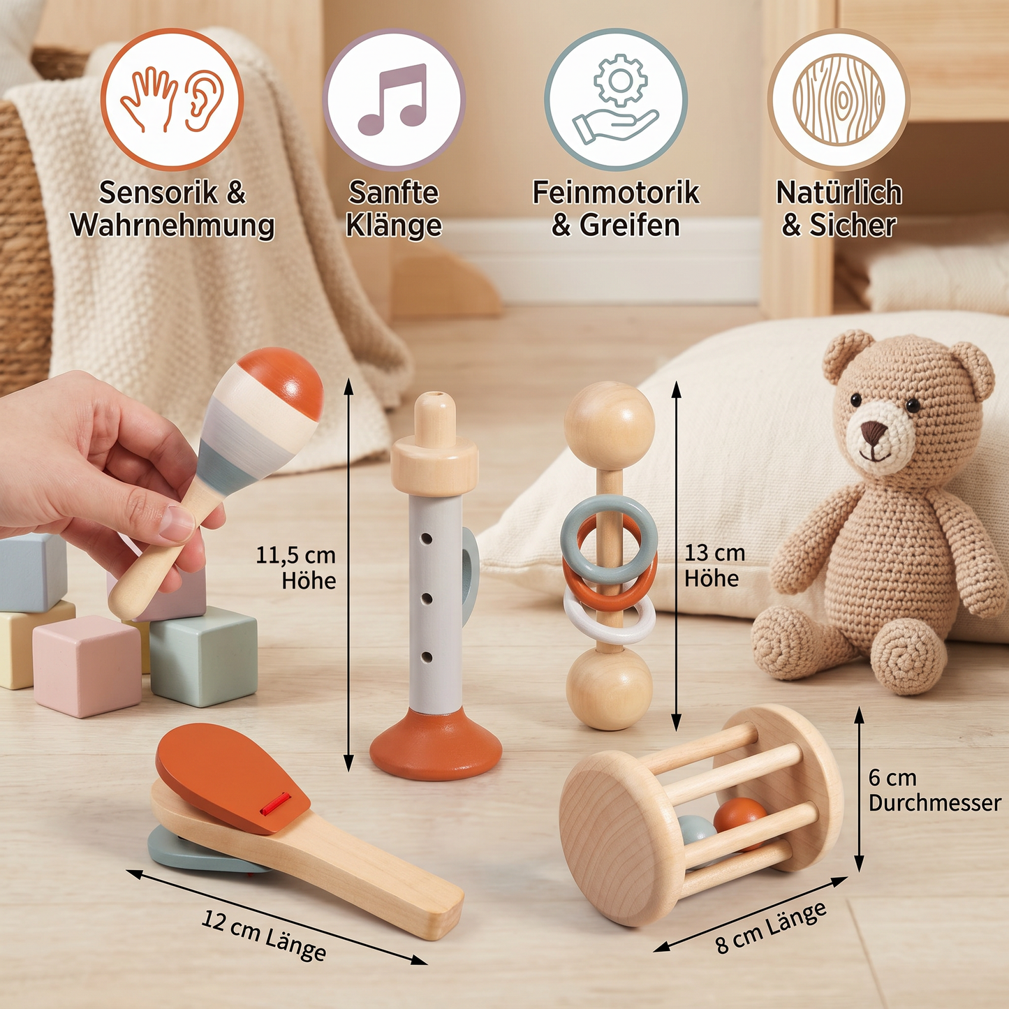 Montessori Holz-Musikinstrumente Set für Babys – 5-teiliges Sensorik & Rasselspielzeug