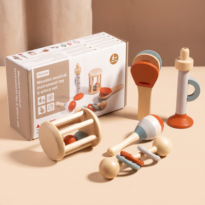 Montessori Holz-Musikinstrumente Set für Babys – 5-teiliges Sensorik & Rasselspielzeug