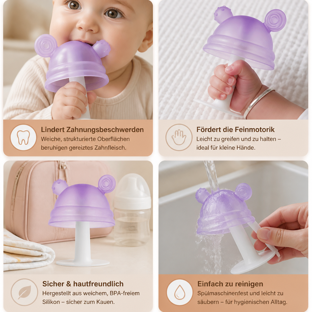 Baby-Beißring in Pilzform aus Silikon für kleine Hände