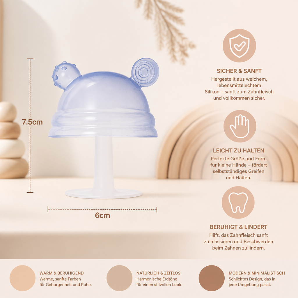 Baby-Beißring in Pilzform aus Silikon für kleine Hände