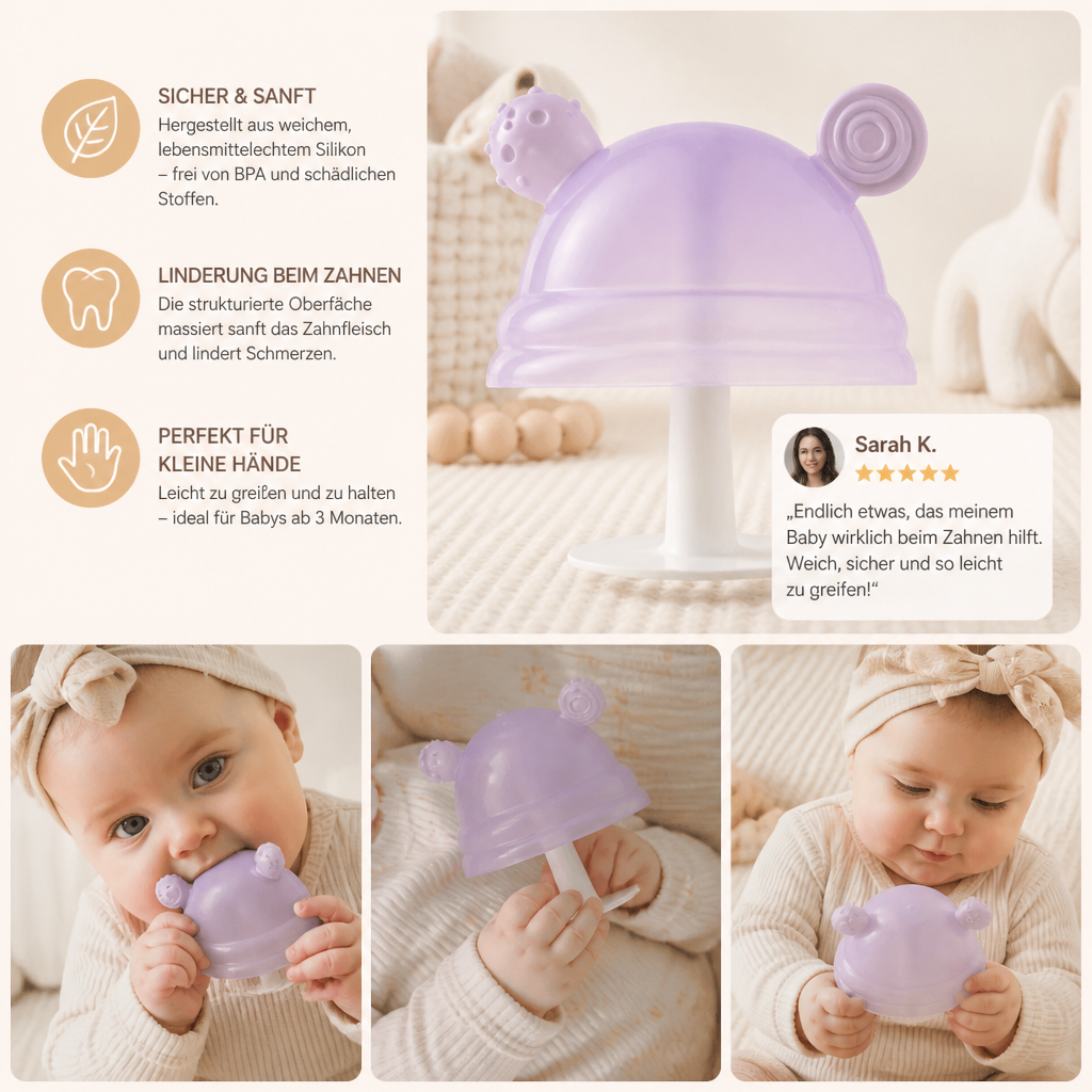 Baby-Beißring in Pilzform aus Silikon für kleine Hände