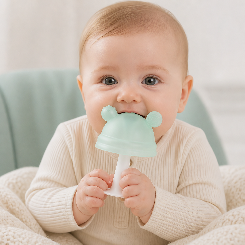 Baby-Beißring in Pilzform aus Silikon für kleine Hände