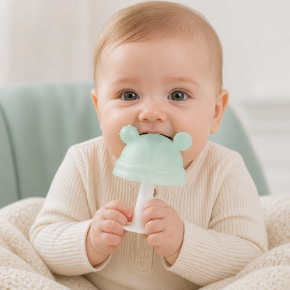 Baby-Beißring in Pilzform aus Silikon für kleine Hände