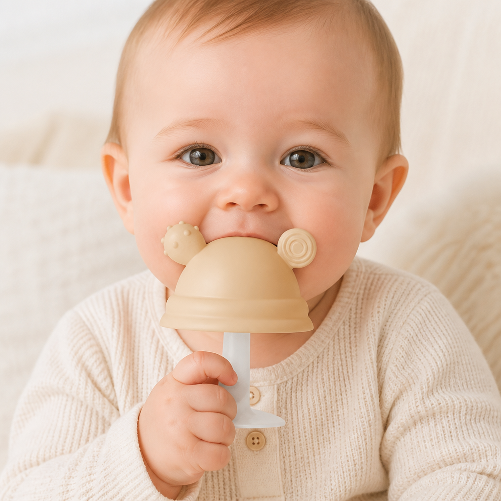 Baby-Beißring in Pilzform aus Silikon für kleine Hände