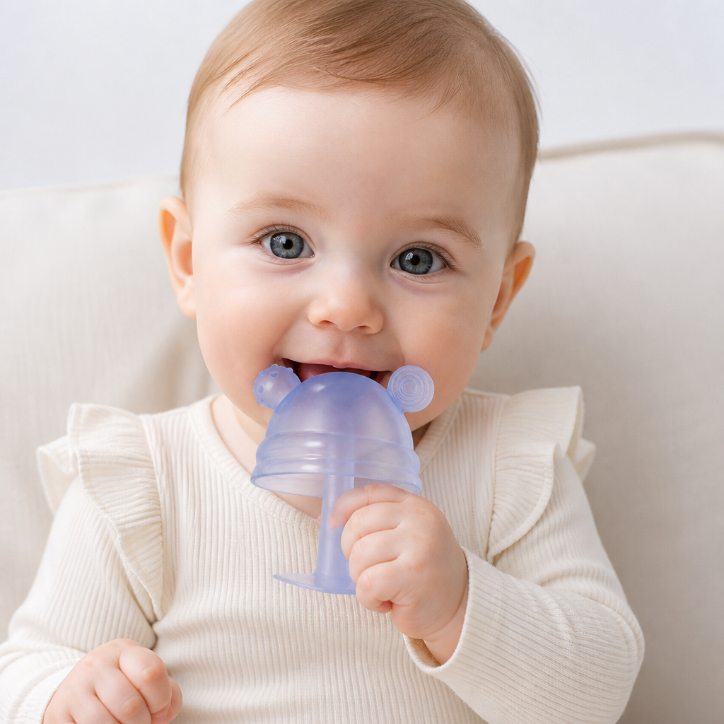 Baby-Beißring in Pilzform aus Silikon für kleine Hände