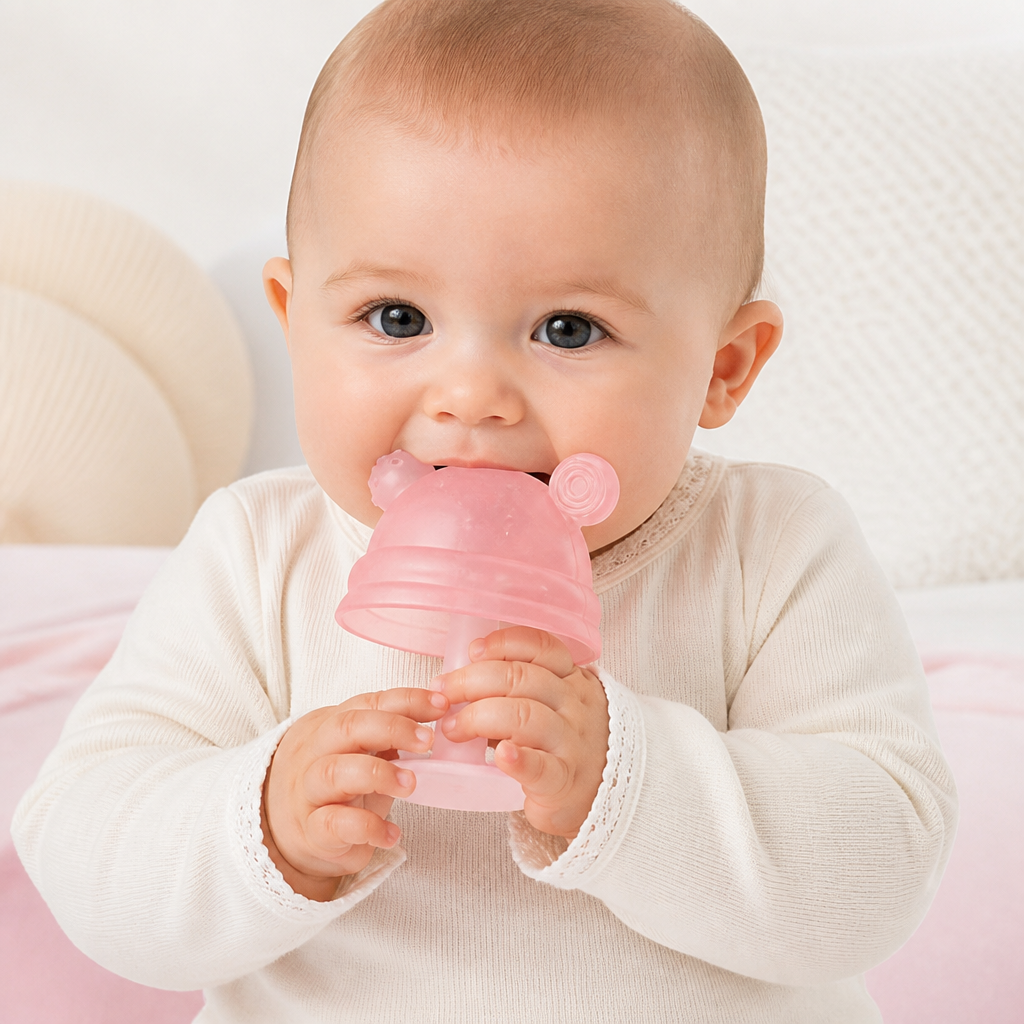 Baby-Beißring in Pilzform aus Silikon für kleine Hände