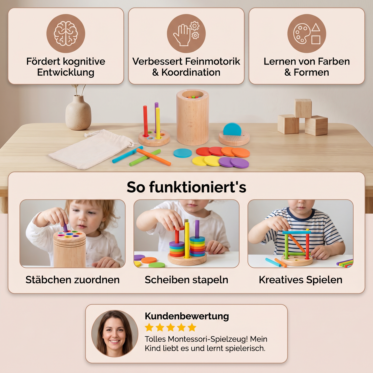 Montessori Holzspielzeug für Kinder – Farb- & Formensortier Lernspiel