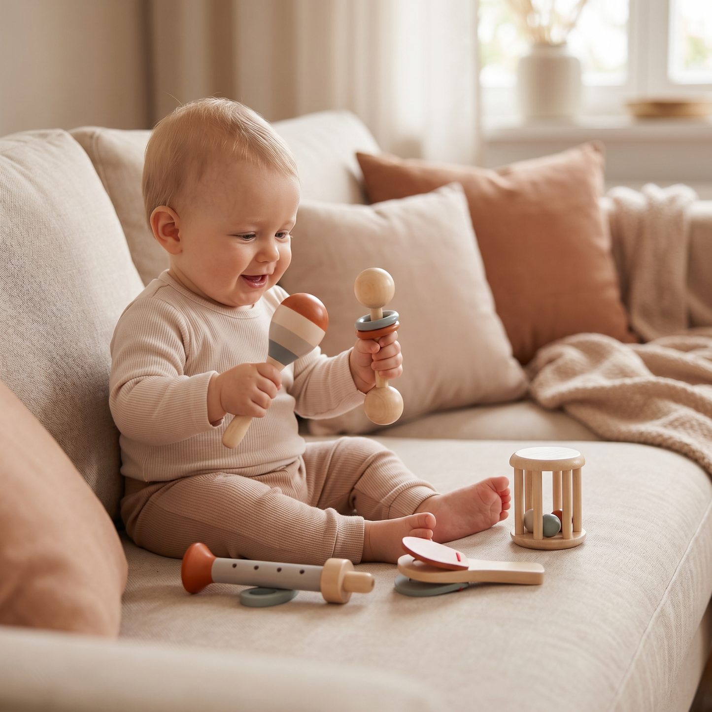 Montessori Holz-Musikinstrumente Set für Babys – 5-teiliges Sensorik & Rasselspielzeug