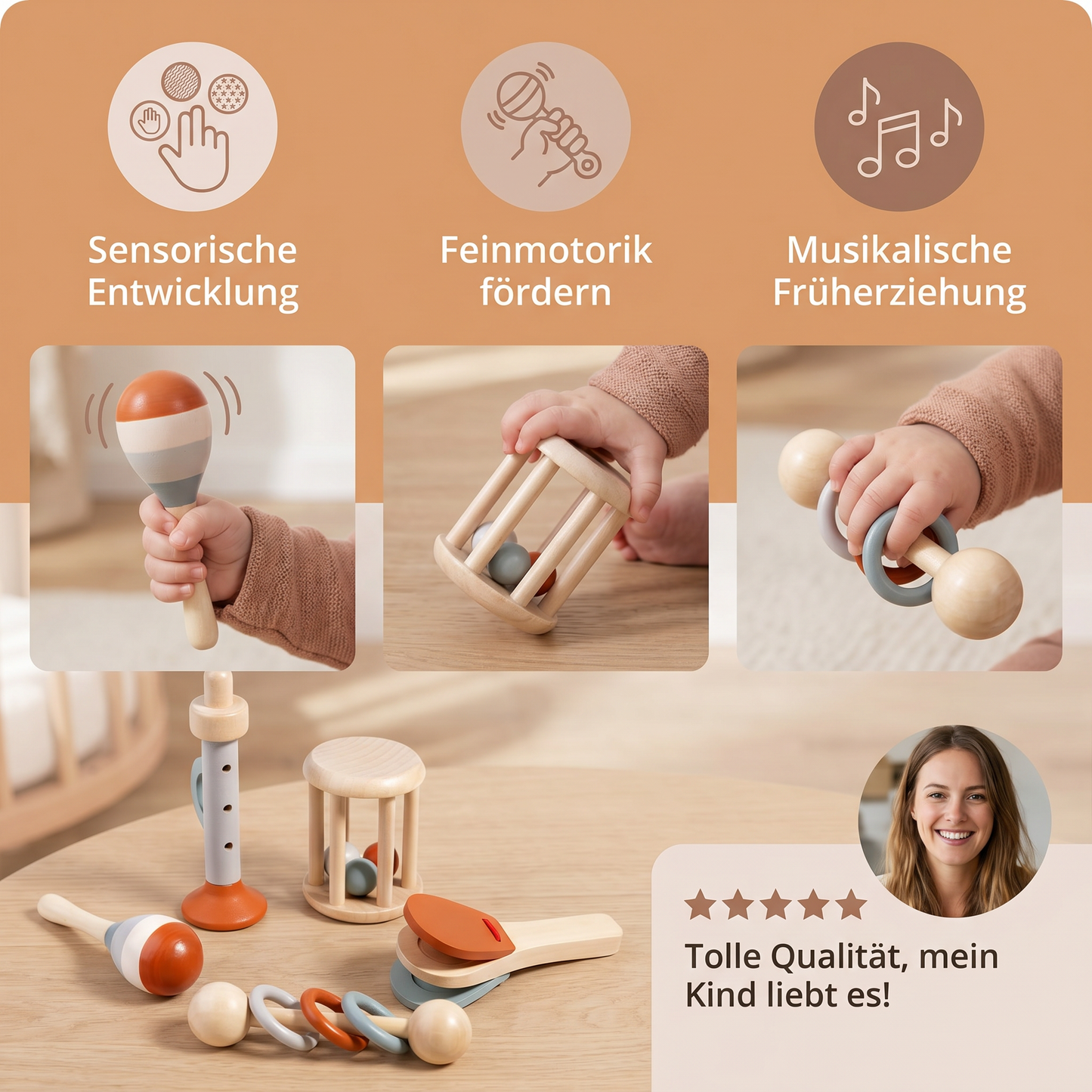 Montessori Holz-Musikinstrumente Set für Babys – 5-teiliges Sensorik & Rasselspielzeug