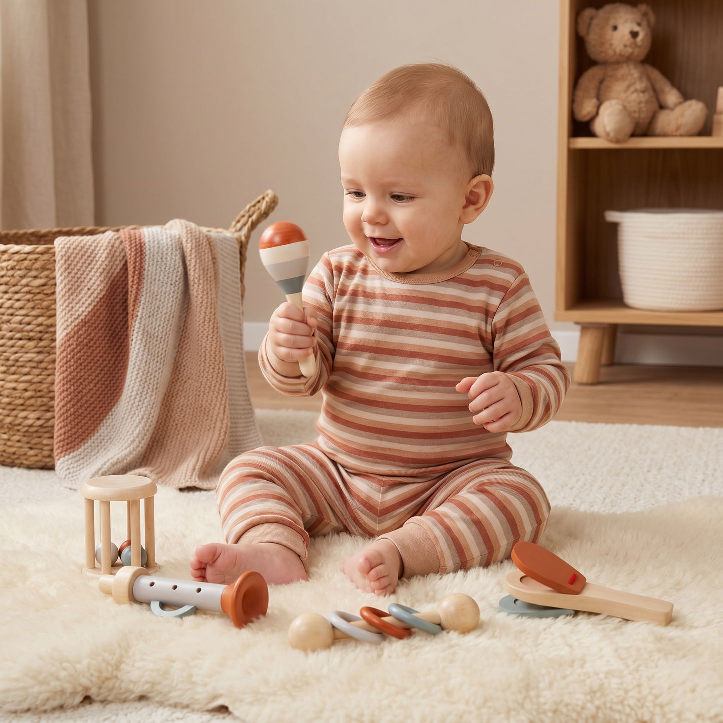 Montessori Holz-Musikinstrumente Set für Babys – 5-teiliges Sensorik & Rasselspielzeug