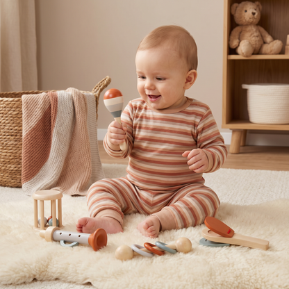 Montessori Holz-Musikinstrumente Set für Babys – 5-teiliges Sensorik & Rasselspielzeug