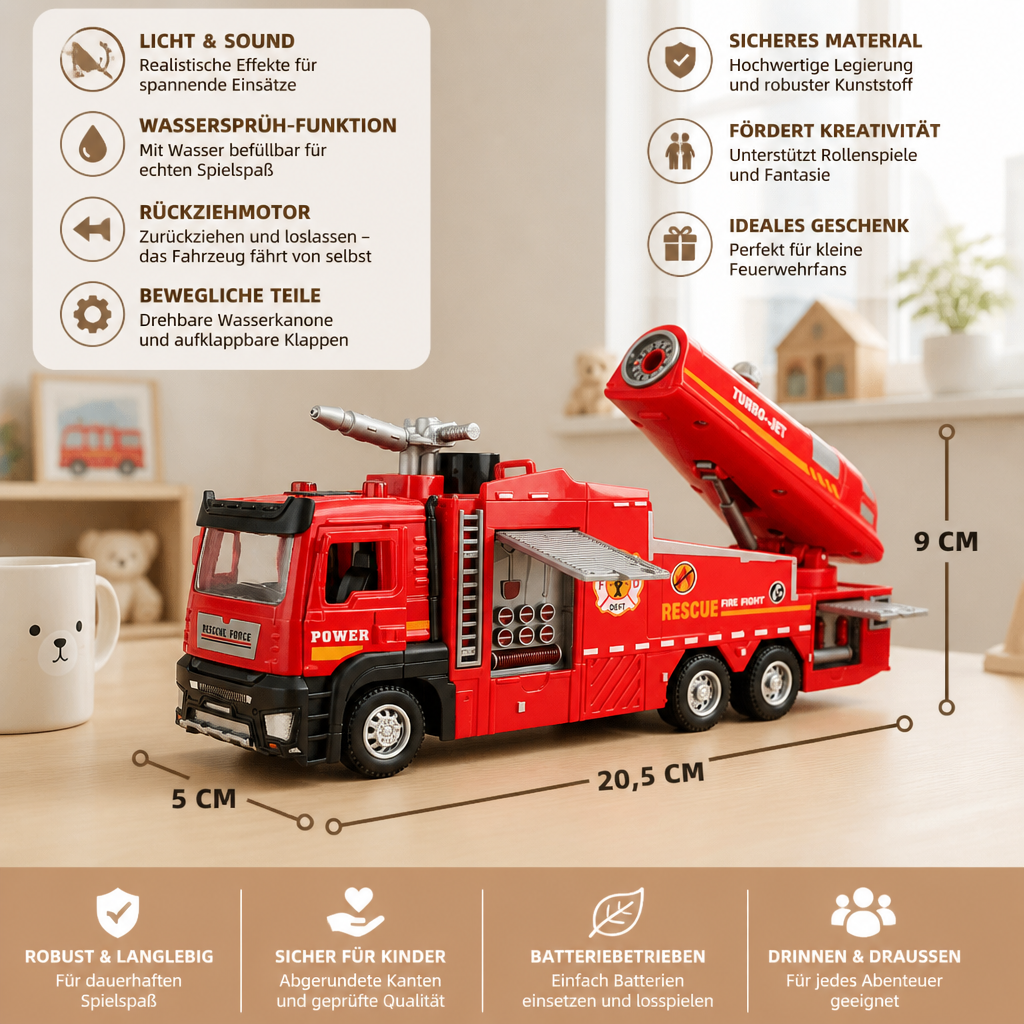 Feuerwehrauto mit Rückziehmotor, Wassersprühfunktion, Licht & Sound