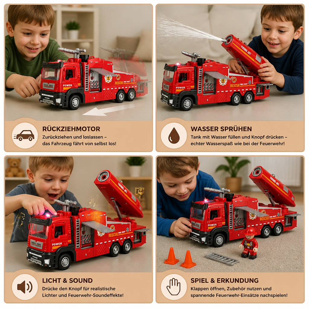 Feuerwehrauto mit Rückziehmotor, Wassersprühfunktion, Licht & Sound