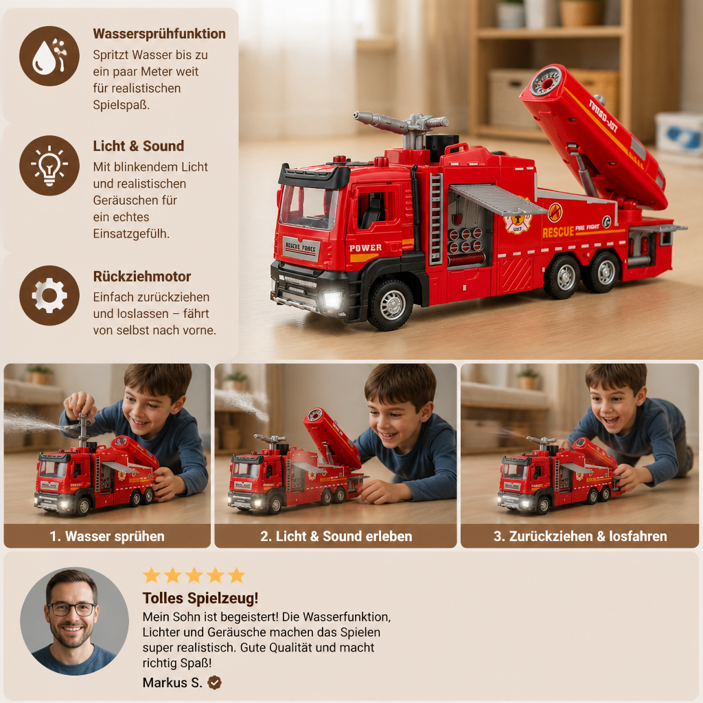Feuerwehrauto mit Rückziehmotor, Wassersprühfunktion, Licht & Sound