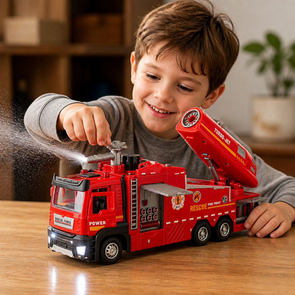 Feuerwehrauto mit Rückziehmotor, Wassersprühfunktion, Licht & Sound