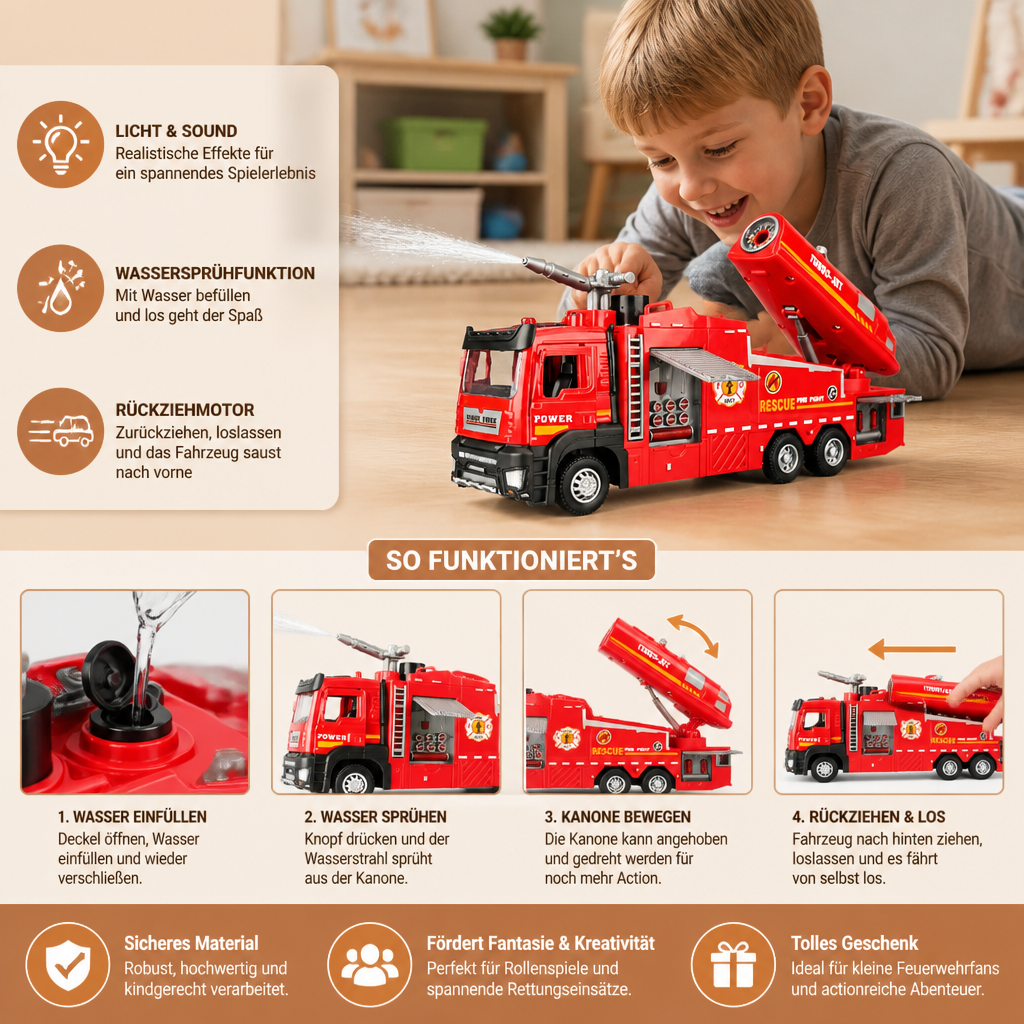 Feuerwehrauto mit Rückziehmotor, Wassersprühfunktion, Licht & Sound