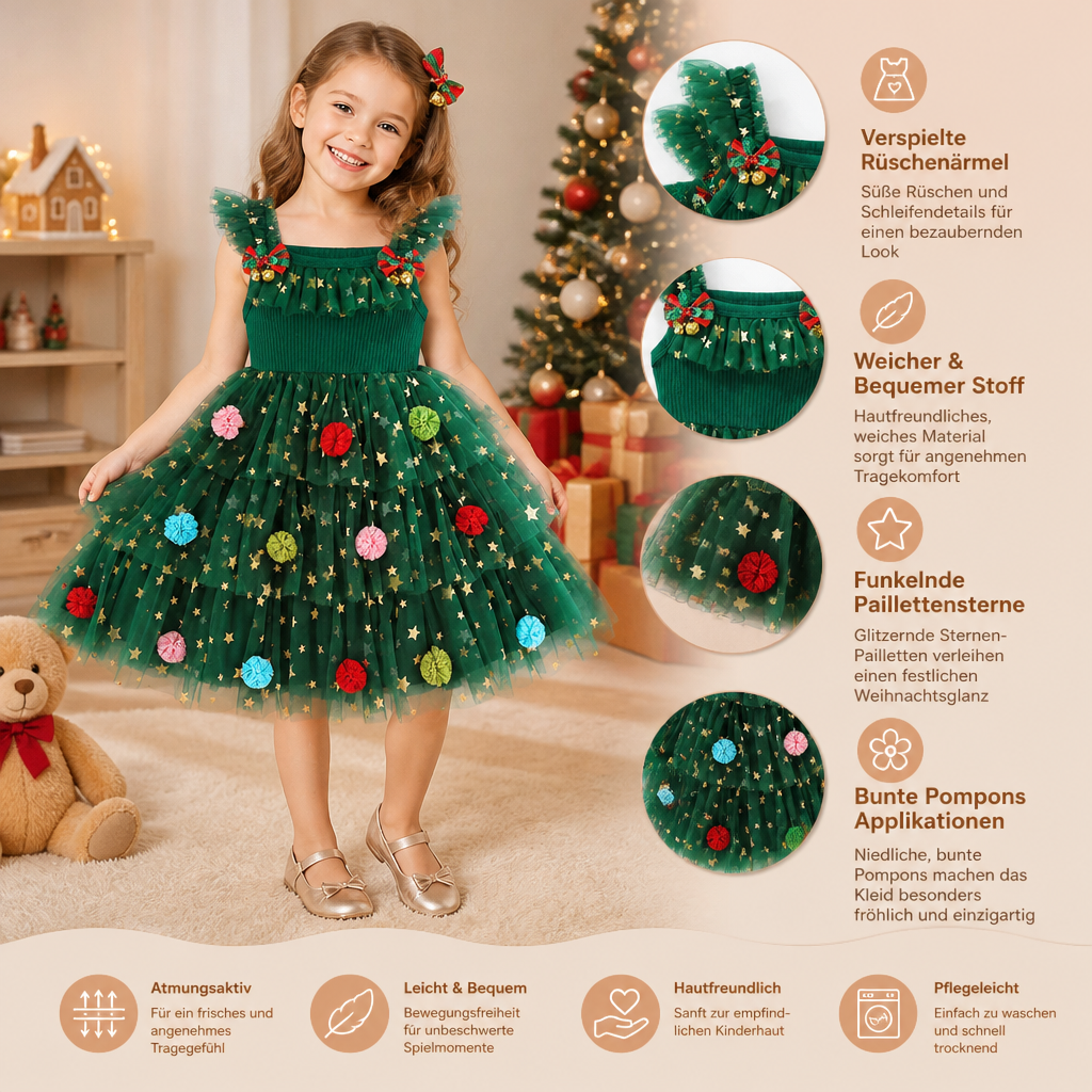 Weihnachtliches Tutu-Kleid für Mädchen mit Pompons, Paillettensternen & Rüschenärmeln