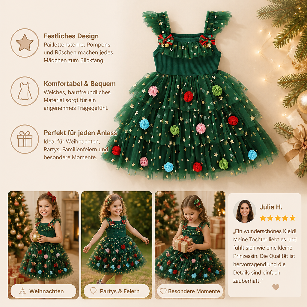 Weihnachtliches Tutu-Kleid für Mädchen mit Pompons, Paillettensternen & Rüschenärmeln