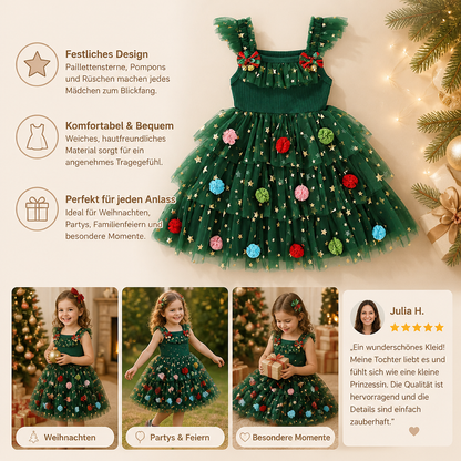 Weihnachtliches Tutu-Kleid für Mädchen mit Pompons, Paillettensternen & Rüschenärmeln