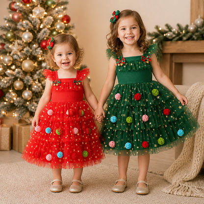 Weihnachtliches Tutu-Kleid für Mädchen mit Pompons, Paillettensternen & Rüschenärmeln