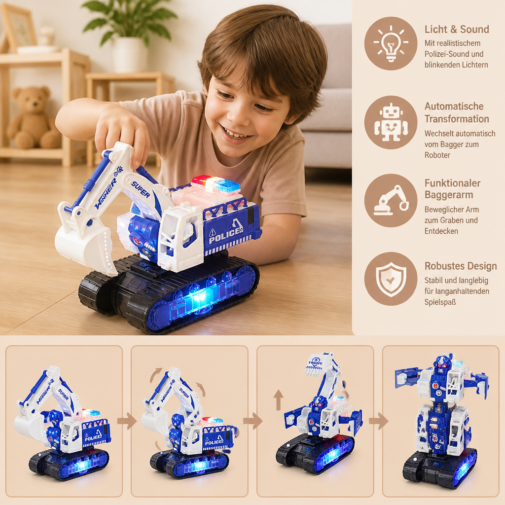 Transformierender Polizei-Roboter-Bagger mit Licht & Sound