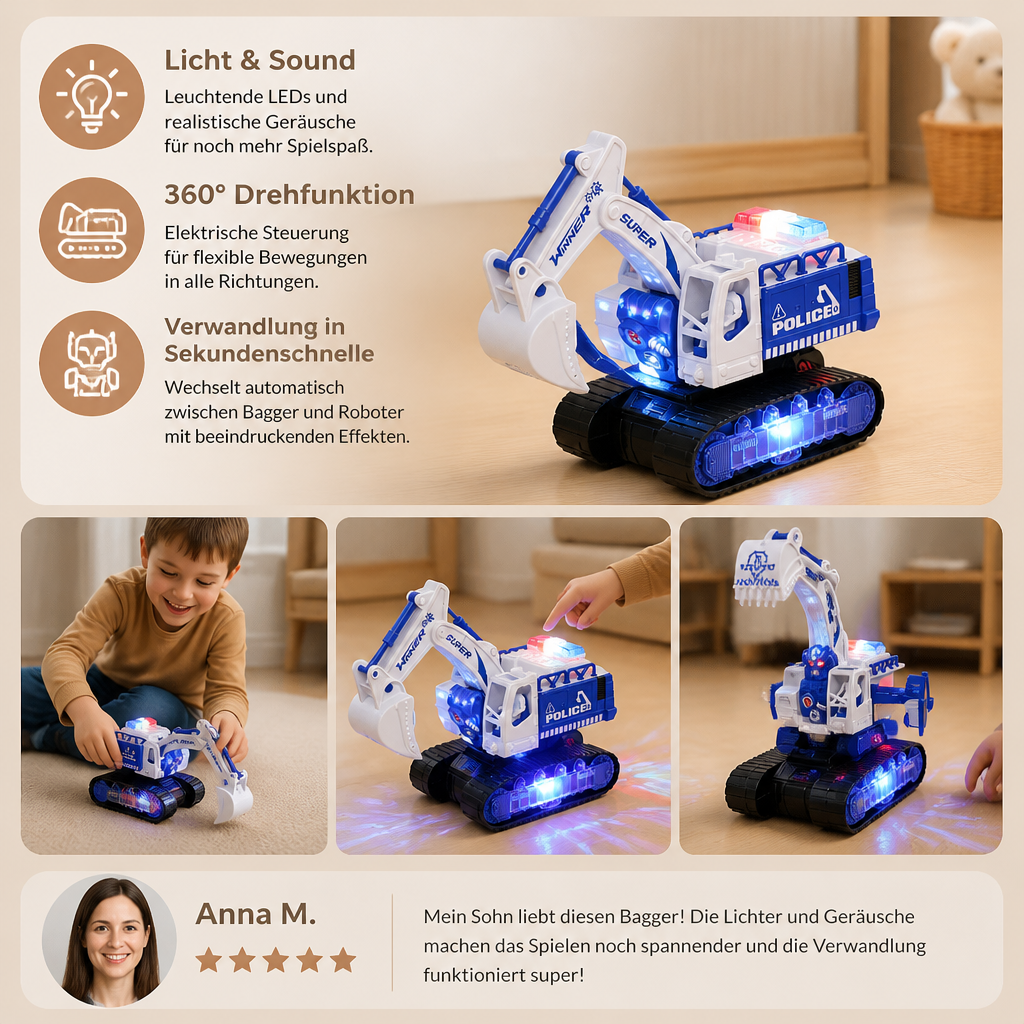 Transformierender Polizei-Roboter-Bagger mit Licht & Sound